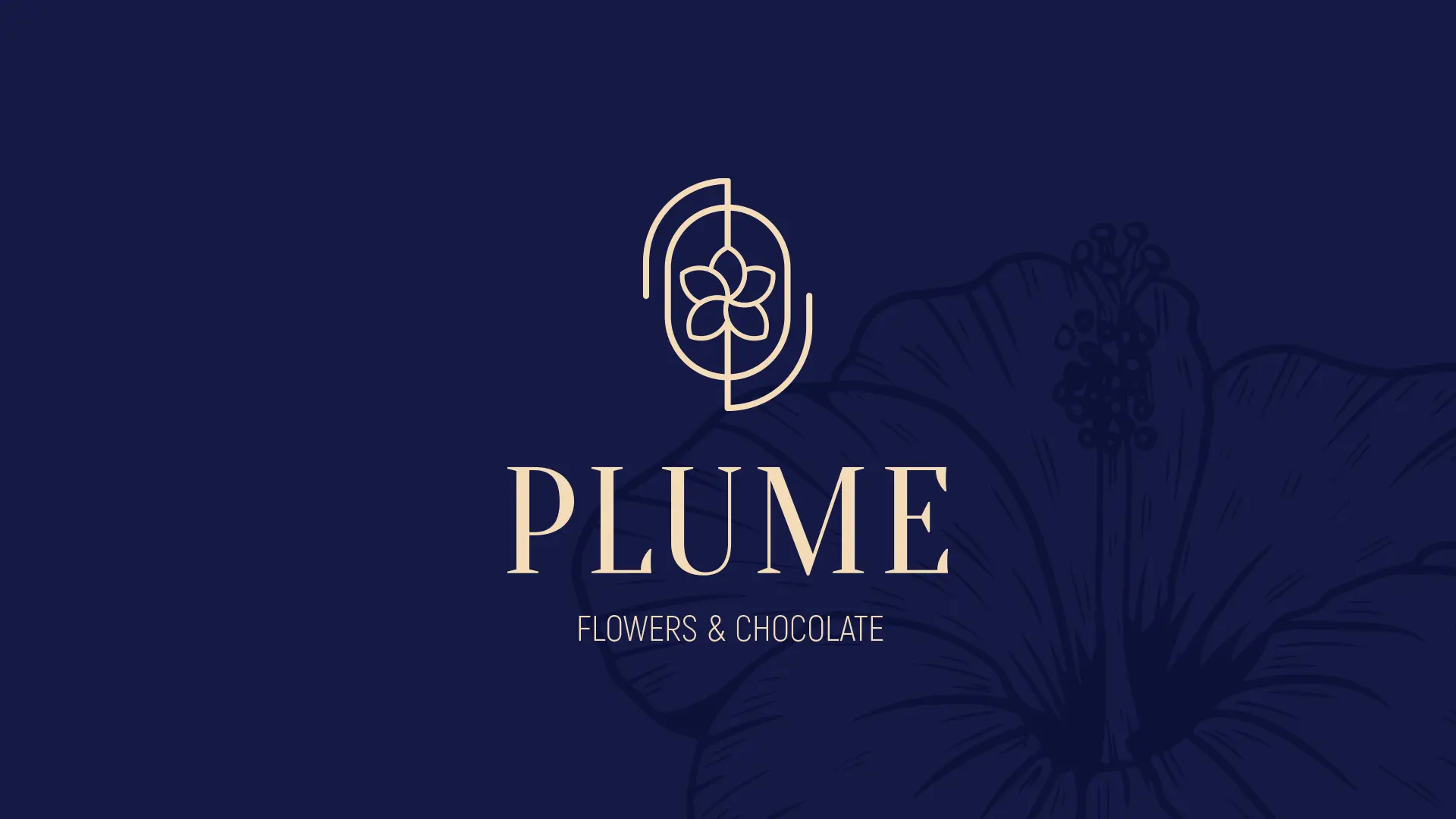 Plume logo in beige on a deep navy background: a line-art plumeria flower inside a tall rounded frame with geometric arcs, above the wordmark 'PLUME' and the tagline 'Flowers & Chocolate'.